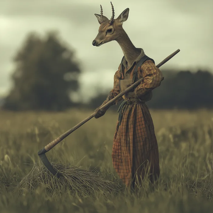 Roe - My, Humor, Neural network art, Нейронные сети, Wordplay, Pun, Roe, Scythe, Absurd, Midjourney, Strange humor, Mowing, Mow, Grass, Animals, Images