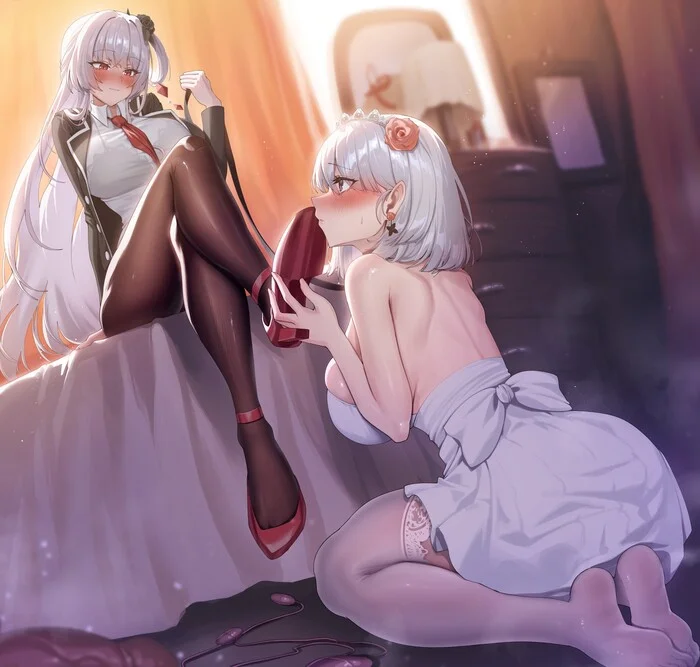 Mmm... - Anime art, Anime, Original character, Girls, Foot fetish, Tights, Stockings, Leash