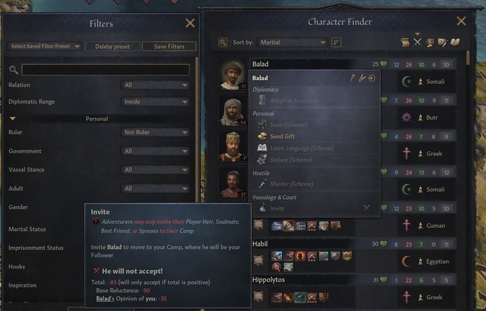 По нашей задумке, безземельные искатели приключений должны находить или заслуживать себе спутников самостоятельно - они не могут заманить их к себе обещанием постели при дворе.