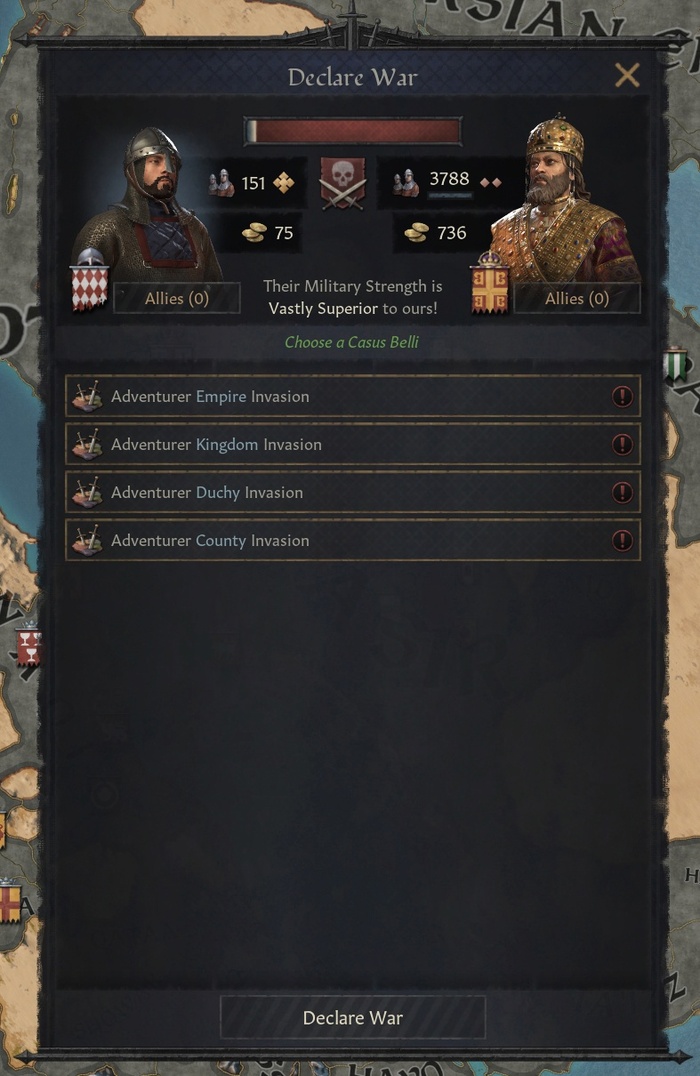 Авантюрист не может начать завоевательные войны из-за низкого уровня престижа.