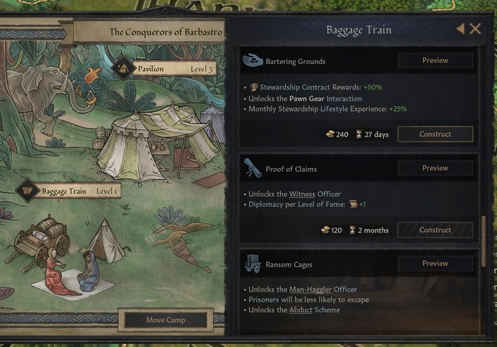 Сооружения лагеря багажного обоза и ряд его улучшений.