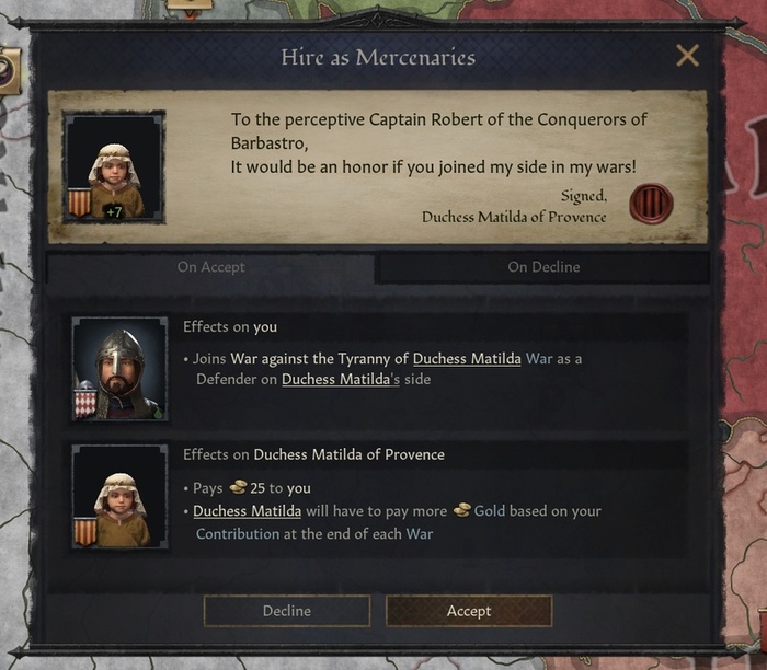 Правитель державы заранее пытается нанять компанию наёмников-авантюристов.