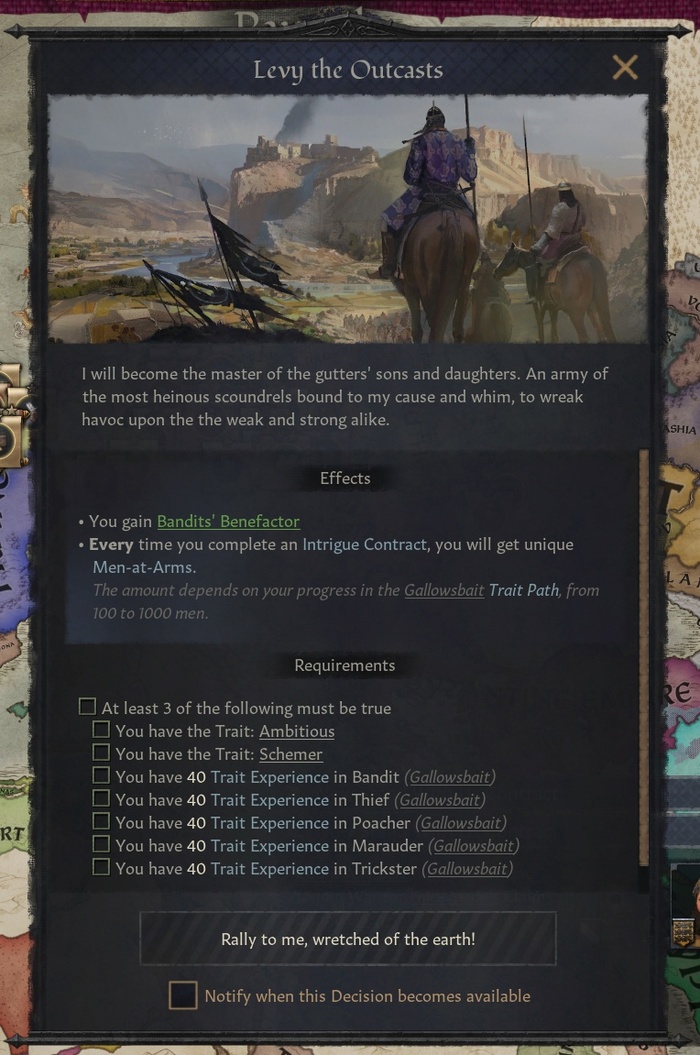 Решение по сбору орды преступного отродья под свои знамёна — написано, что требуются контракты интриги, но мы расширили требование до преступных контрактов в целом (и убрали контракты интриги, не связанные с преступлениями).