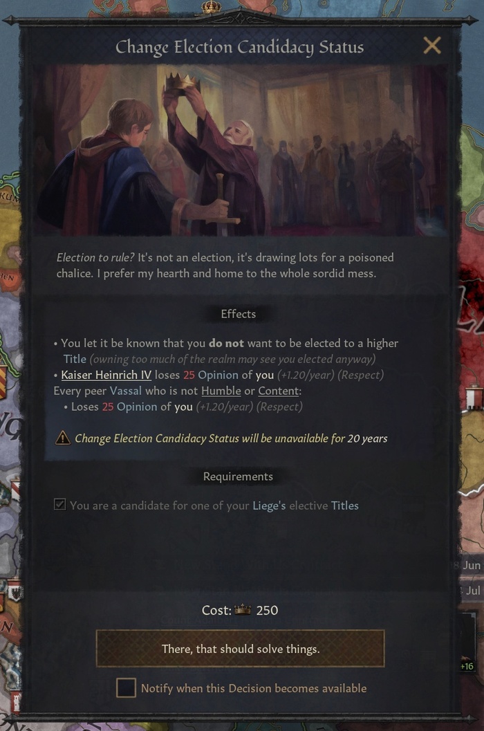 Персонажи внутри выборных держав (не считая бюрократических) могут попытаться отказаться от титула повыше.