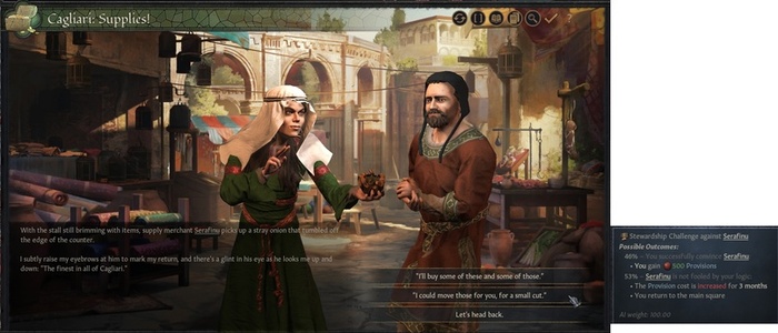 Авантюрист пытается заключить сделку с местным торговцем по покупке припасов используя управление.