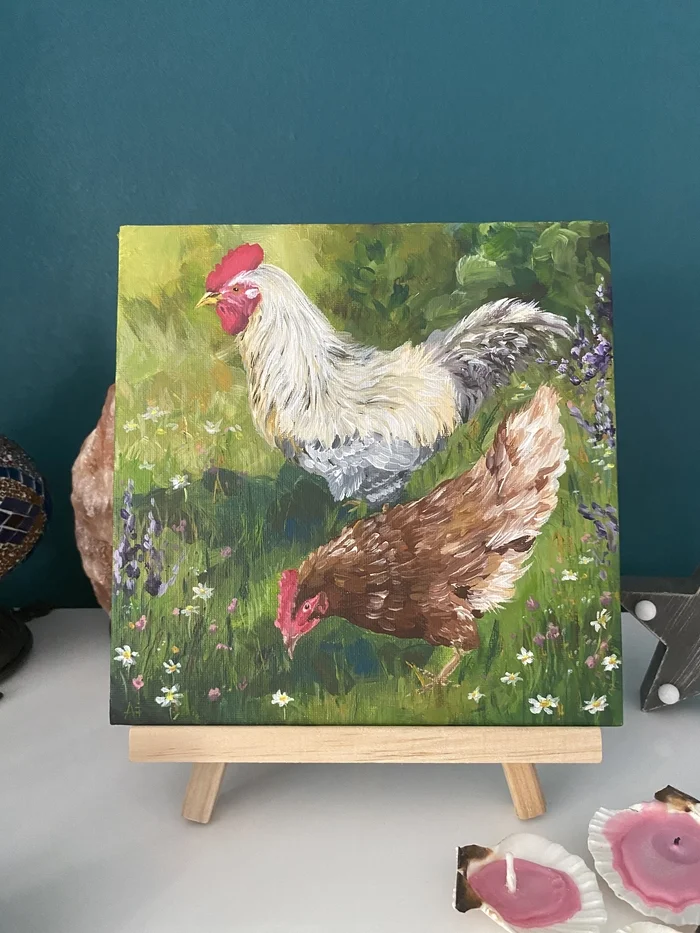 Painting Rooster and hen - My, Painting, Painting, Rooster, Hen, Drawing, Landscape, Longpost