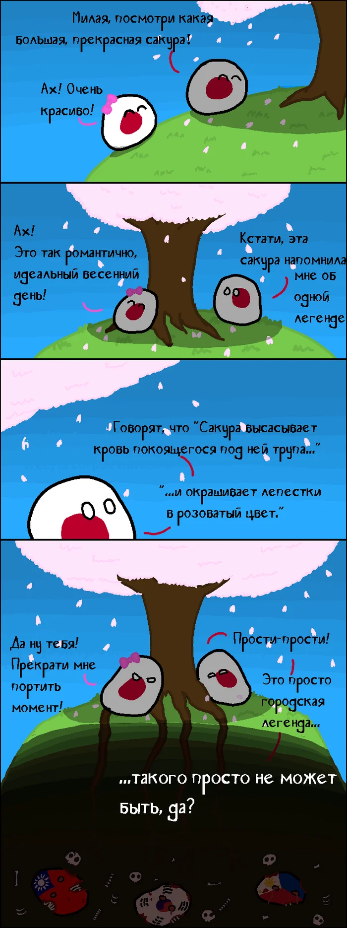 Sakura color - Countryballs, Comics, Picture with text, Japan, Sakura, City's legends, Корея, Taiwan, Philippines, Translated by myself, Telegram (link), VKontakte (link), Reddit (link), Longpost