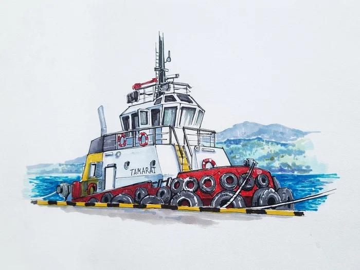 Port tug. Sketch with markers - My, Sketch, Drawing, Painting, Sketch, Batumi, Georgia, Black Sea