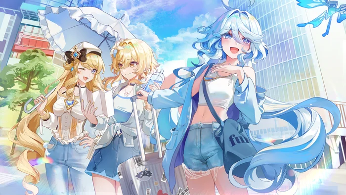 Young ladies on a walk - Furina (Genshin Impact), Lumine (Genshin Impact), Genshin impact, Anime art, Pixiv, Anime, Navia (Genshin Impact)