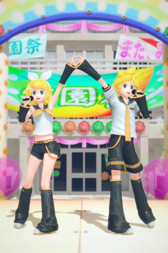 The Kagamine Twins at the school festival - My, Render, Koikatsu, Anime, Anime art, Vocaloid, Vocaloid Art, Kagamine Rin & Len