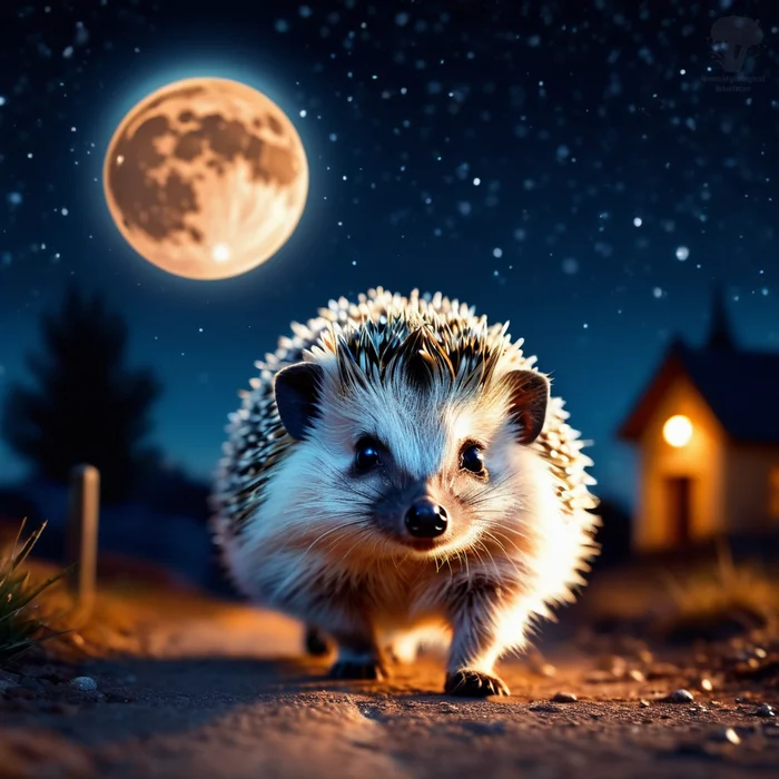 Happy Night Walks Day! - My, Neural network art, Chatgpt, 2D, Art, Postcard, Night, moon, Hedgehog, Absurd