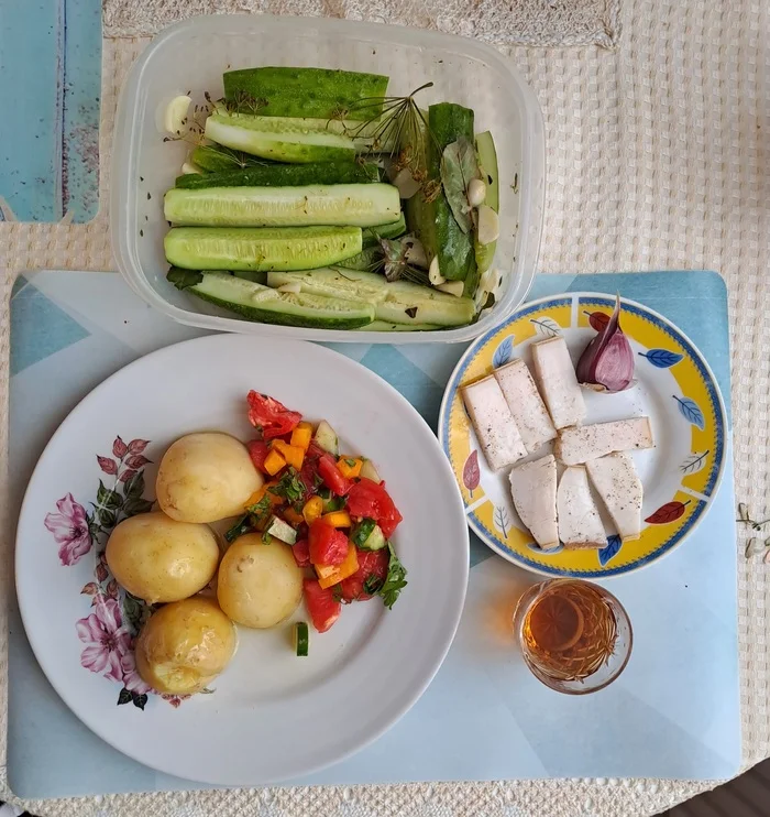 Dad's dinner - My, Mobile photography, Food, Potato, Salo, Lightly salted cucumbers, Moonshine, Dinner