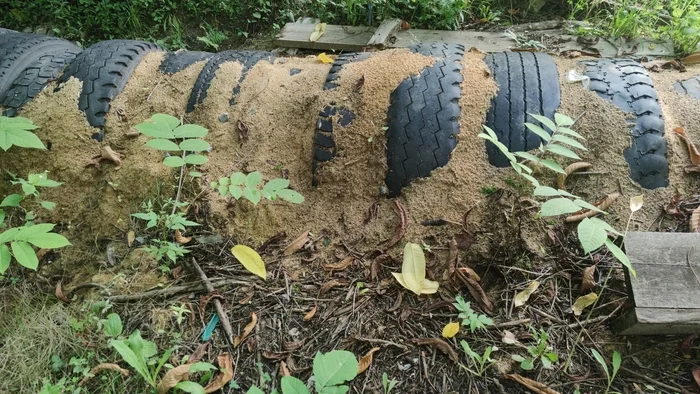 Drainage/storm drainage on a personal plot from tires - My, Life hack, Home construction, Garden, Drainage, Pipe, Wastewater, Tires, Longpost