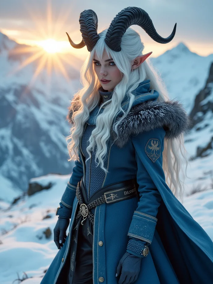 Dark Lady of the Northlands - Neural network art, Illustrations, Art, Lady, Demon, Demoness, The mountains, Snow, Blonde, Longpost