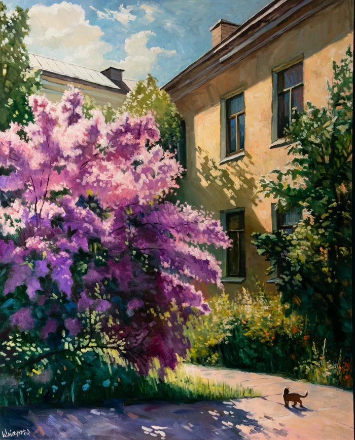 In the shade of lilac - My, Creation, Drawing, Painting, Art, Lilac, Landscape, Longpost