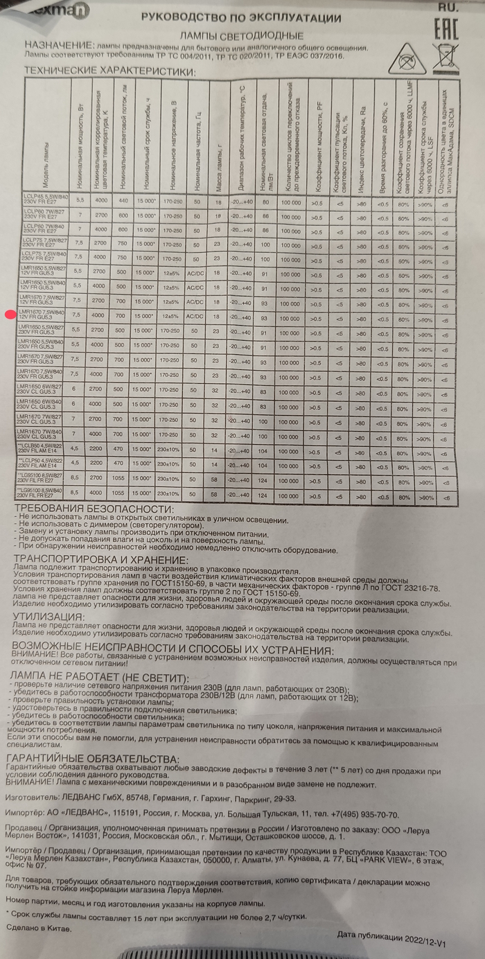 Руководство светодиодной лампы (красным кружочком отмечет мой вариант)
