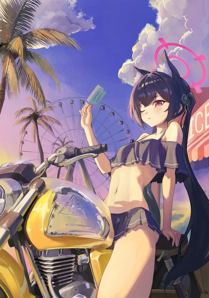 On a motorcycle - Anime, Anime art, Girls, Games, Blue archive, Kuromi Serika, Swimsuit, Bikini, Motorcyclists, Animal ears