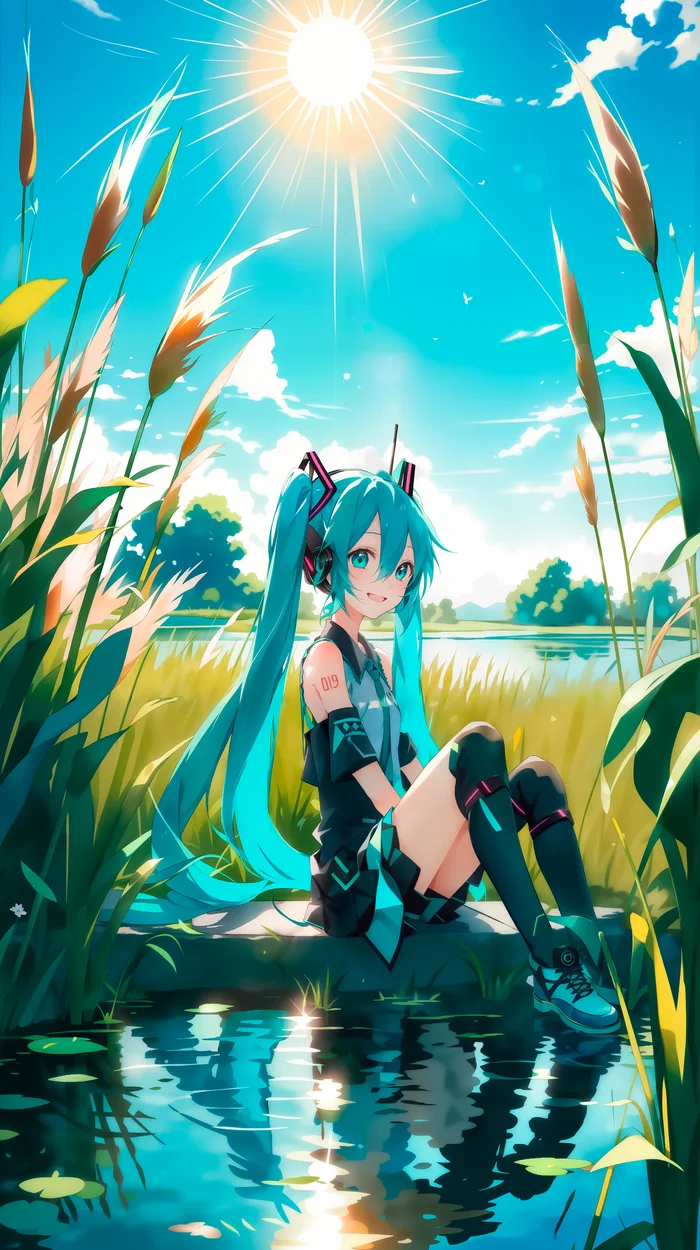 Miku climbed into the reeds, smiling from her heart - My, Neural network art, Stable diffusion, Girls, Anime art, Portrait, Hatsune Miku, Lake, Reeds, The sun, Day, Phone wallpaper, Teamwork, Colorful hair