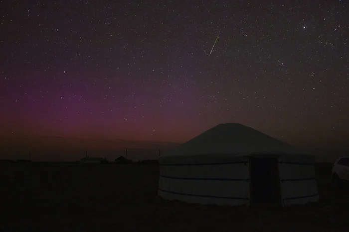 Perseid Peak and aurora at latitude 46 - My, Astrophoto, Stars, Starry sky, Night, Yurt, Kalmykia, Polar Lights, Night shooting, Perseids, Meteor