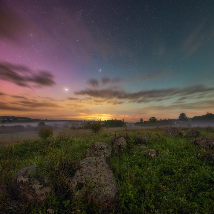 Night of light - The photo, Landscape, Travel across Russia, Village, Fog, Night, Starry sky, Sky, Polar Lights, Clouds