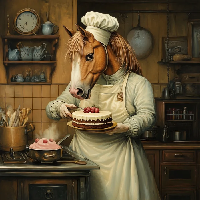 Confectioner - My, Humor, Neural network art, Нейронные сети, Wordplay, Pun, Horses, Confectioner, Absurd, Midjourney, Confectionery, Strange humor, Images, Cake