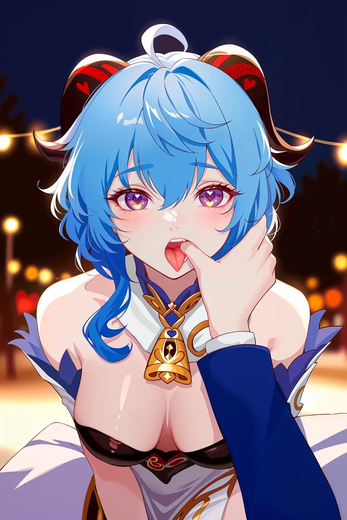 Gan Yu, how long have you had fangs? + poll about NSFW stuff - My, Survey, Ganyu (Genshin Impact), Genshin impact, Girls, Blue hair, Girl with Horns, Fetishism, Hand, Mouth, Fangs, Language, Neckline, Anime art, Neural network art, Stable diffusion, Digital drawing, Heart