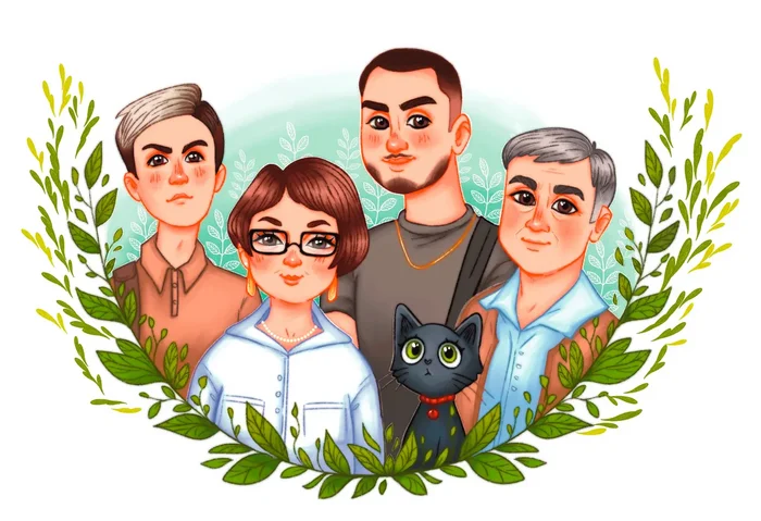 Family portrait to order - My, Painting, Illustrations, Procreate, Art, Stylization, Characters (edit), 2D, Family, Illustrator, Digital, Graphics, Computer graphics