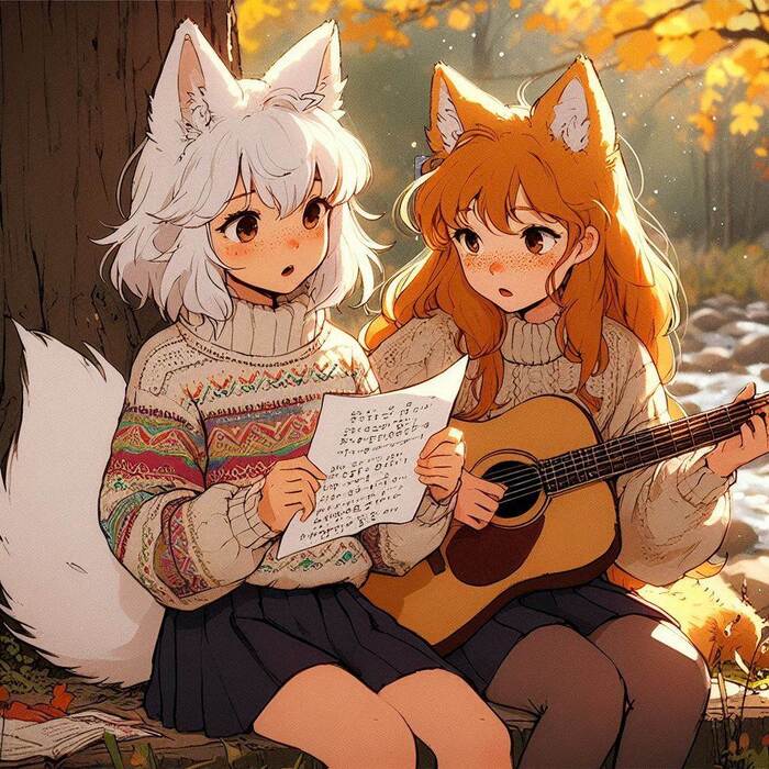 Writing our first song (memory) - My, Neural network art, Anime art, Art, Girls, Нейронные сети, Anime, Original character, Kitsune, Animal ears, Tail, Memories, Song, Guitar, Autumn, Ginger & White, Longpost