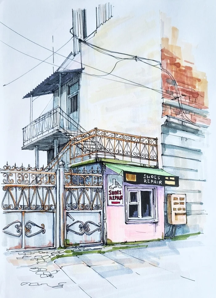 Shoemaker's workshop. Sketch with markers - My, Drawing, Pen drawing, Sketchbook, Landscape, Batumi, Georgia