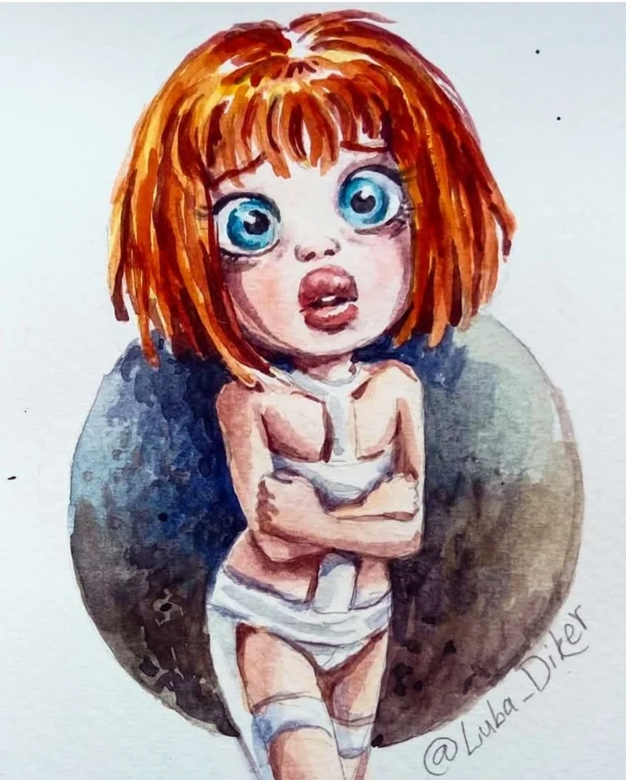 Leeloo from the Fifth Element, in my cartoon style - My, Painting, Artist, Childhood of the 90s, Fifth Element, Leela, Watercolor, Drawing, Cartoons, Movies, Needlework without process