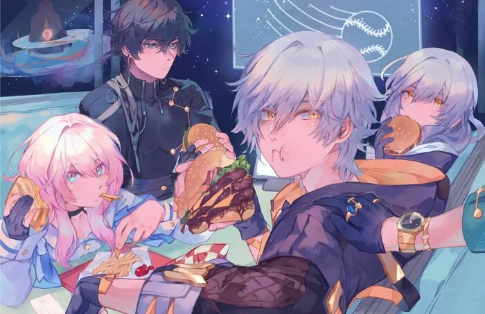 Off the Hungry Train - Anime, Anime art, March 7th (Honkai: Star Rail), Dan Heng (Honkai: Star Rail), Aventurine (Honkai: Star Rail), Stelle (Honkai: Star Rail), Caelus (Honkai: Star Rail), Food, Burger