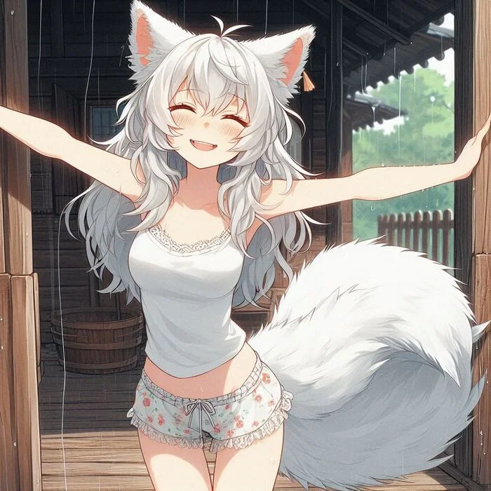 Morning rain after hot weather - My, Art, Neural network art, Нейронные сети, Girls, Anime art, Anime, Original character, Kitsune, Animal ears, Tail, Summer, Rain, Pantsu, Ginger & White, Longpost