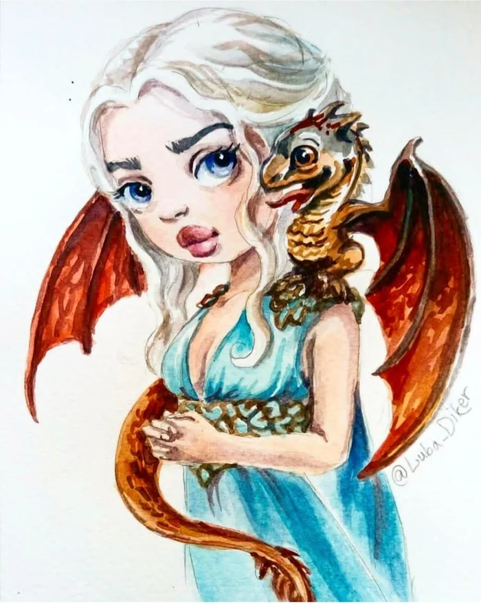 Daenerys Targaryen drawn in my cartoon style - My, Daenerys Targaryen, Game of Thrones, Artist, Drawing, Painting, Watercolor, Mother of dragons, Needlework without process