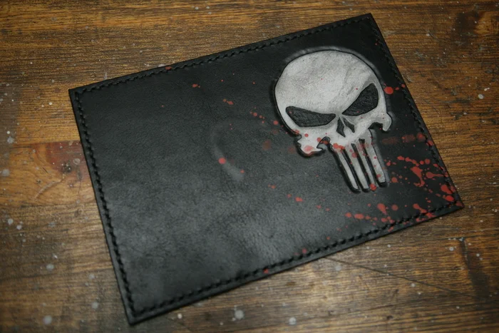 Passport cover The Punisher - My, Needlework without process, Leather, Natural leather, Leather products, Sewing, Embossing on leather, Accessories, Cover, Marvel, The punisher, Scull