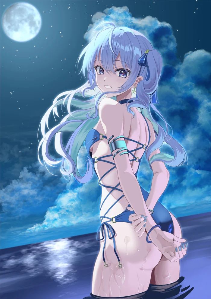 Hoshimachi Suisei - Anime art, Anime, Hololive, Virtual youtuber, Hoshimachi suisei, Swimsuit, Night, moon