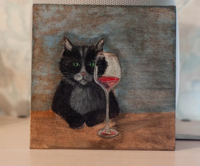 Isn't it time for us to open the wine? - My, Canvas, Decor, Author's painting, Acrylic, Painting, cat, Wine, Handmade, Animalistics, Needlework without process