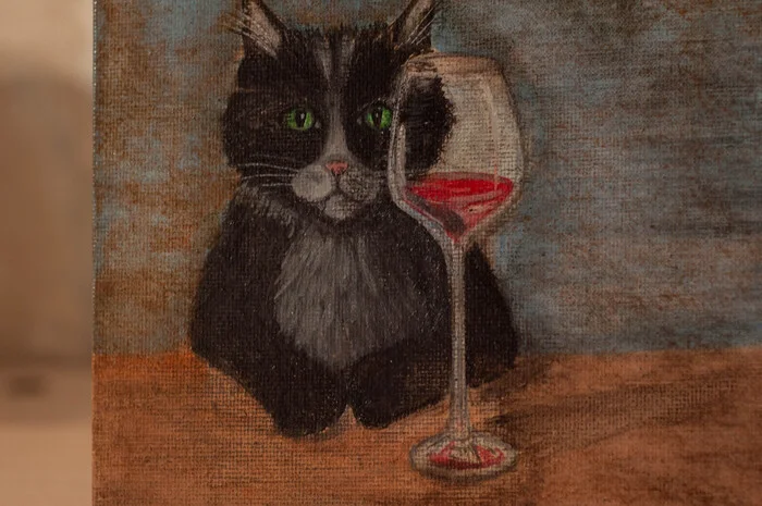 Isn't it time for us to open the wine? - My, Canvas, Decor, Author's painting, Acrylic, Painting, cat, Wine, Handmade, Animalistics, Needlework without process