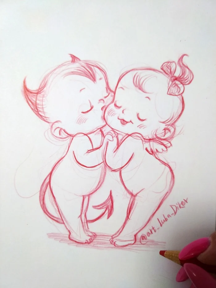 I drew a cute couple of little devil and Cupid - My, Artist, Painting, Painting, Art, Angel, Pencil drawing, Drawing, Needlework without process