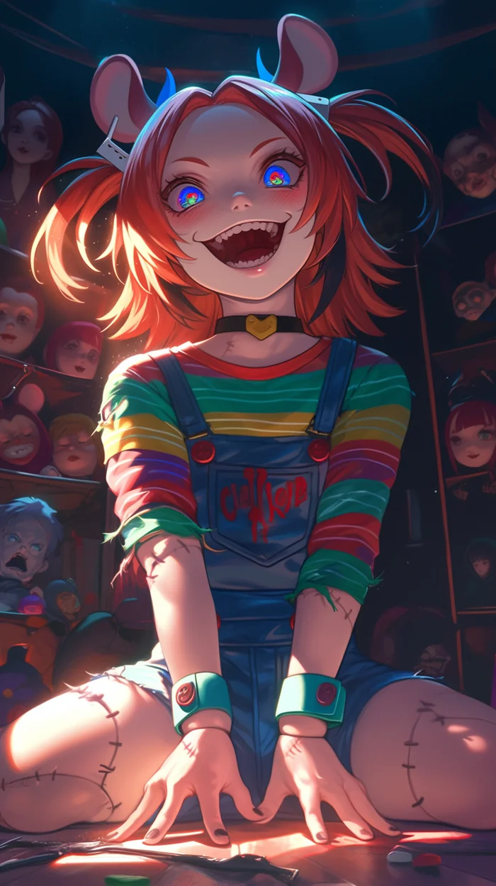 Little doll Baelz part 1 - My, Anime art, Neural network art, Virtual youtuber, Hololive, Hakos Baelz, Chucky doll, Bride of Chucky, Horror, Longpost