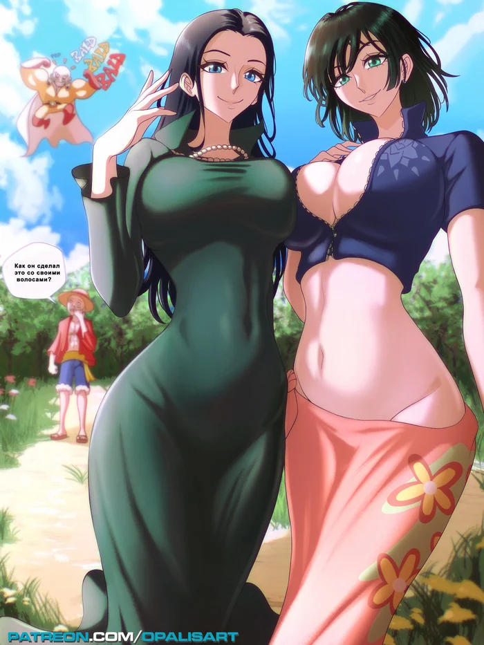 Две женщины и лысый - Аниме, Anime Art, Saitama, Fubuki, Nico Robin, Onepunchman, One Piece, Кроссовер