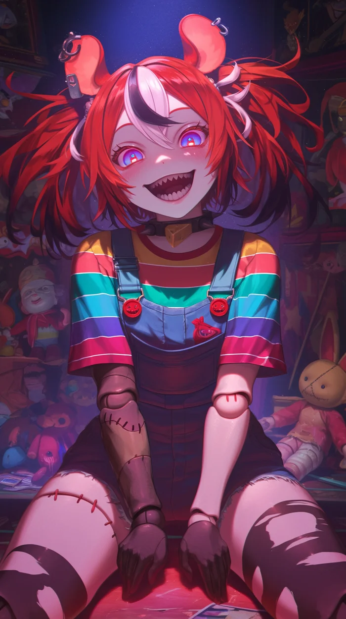 Little doll Baelz part 2 - My, Anime art, Hololive, Hakos Baelz, Chucky doll, Bride of Chucky, Neural network art, Horror, Longpost, Virtual youtuber