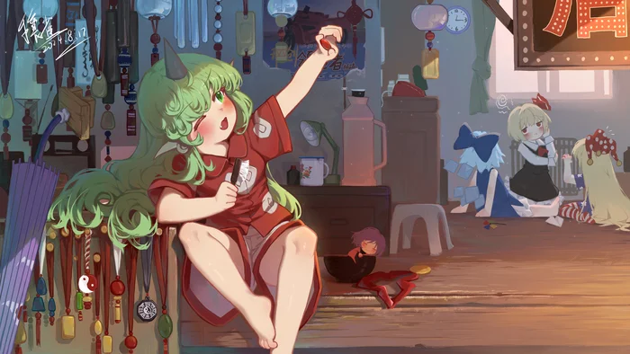 Touhou Art - Touhou, Komano aunn, Sukuna Shinmyoumaru, Cirno, Rumia, Clownpiece, Anime art, Game art, Anime, Games