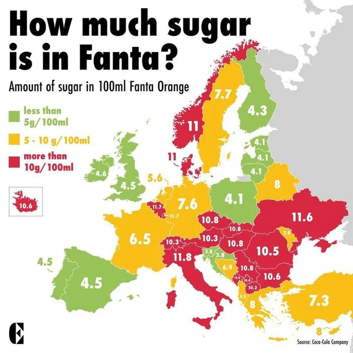 Содержание сахара в Fanta в разных странах - Картинка с текстом, Статистика, Бизнес