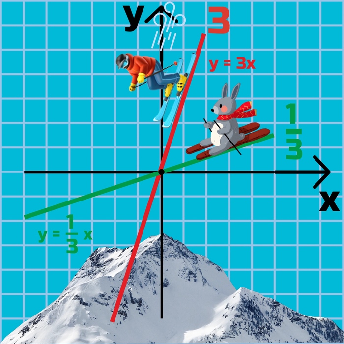 Профессиональный лыжник съезжает с крутой горы, а зайчик не рискует и едет по пологой