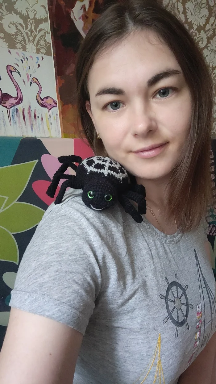 Charming spider))) - My, Amigurumi, Handmade, Crochet, Toys, Yarn, Spider, Needlework without process, Knitting, Needlework, Web, Creation, Longpost, Hobby, Children, Knitted toys