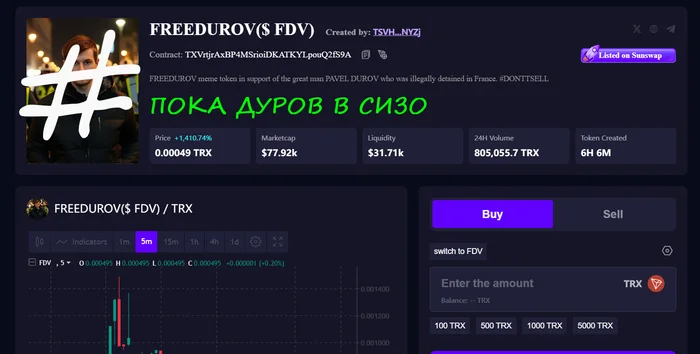 Пока Дуров в Сизо, Умельцы запустили токен сразу после задержания Дурова во Франции, и его цена стремительно растет - Моё, Трейдинг, Биткоины, Павел Дуров, Криптовалюта, Крипторынок, Арбитраж криптовалюты, Telegram, Коины, Арест Павла Дурова, Криптокошелек, Криптотрейдинг, Длиннопост