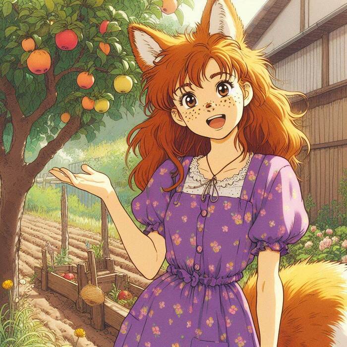 Applepocalypse - My, Neural network art, Anime art, Art, Girls, Нейронные сети, Anime, Original character, Kitsune, Animal ears, Tail, Redheads, Freckles, Apples, Harvest, Ginger & White, Longpost