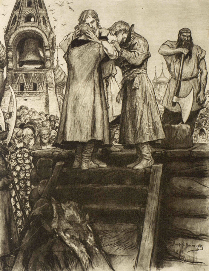 Иллюстрация к поэме Михаила Лермонтова «Песня про царя Ивана Васильевича, молодого опричника и удалого купца Калашникова». Рисунок Виктора Васнецова. 1914 год