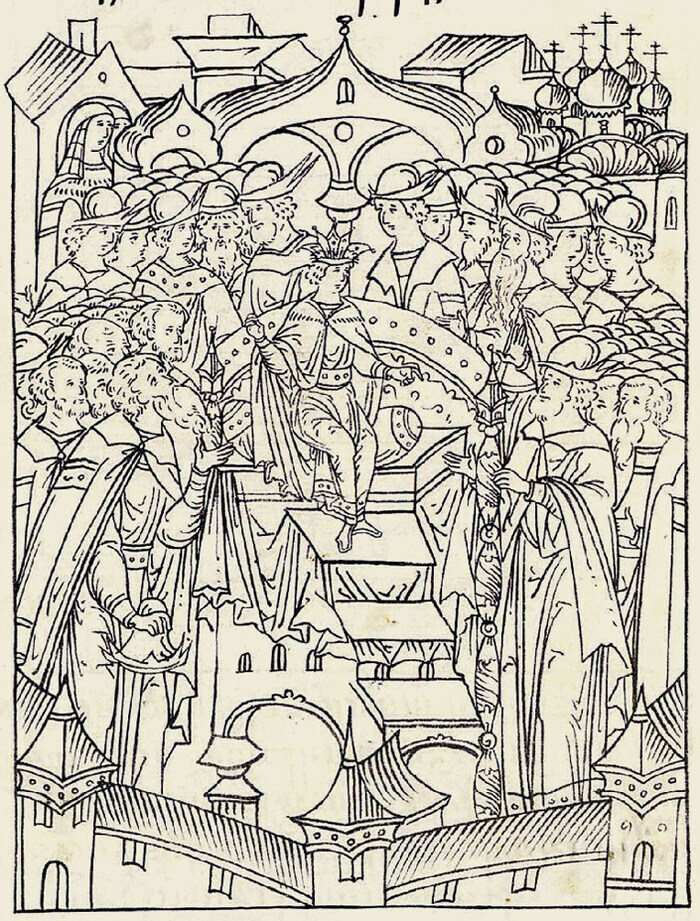 Юный Иван IV на троне. Миниатюра из Лицевого летописного свода Ивана Грозного. 1568–1576 годы