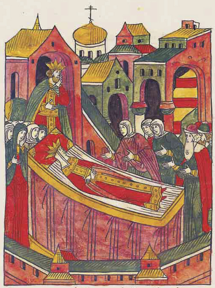 Миниатюра из Лицевого летописного свода Ивана Грозного. 1568–1576 годыПодпись под миниатюрой: «О преставлении великой царицы Анастасии.